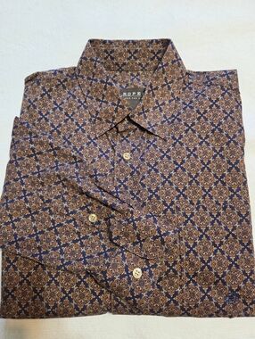 Roper Men's Navy and Brown Geometric Print Button-Up Shirt. Sz M
